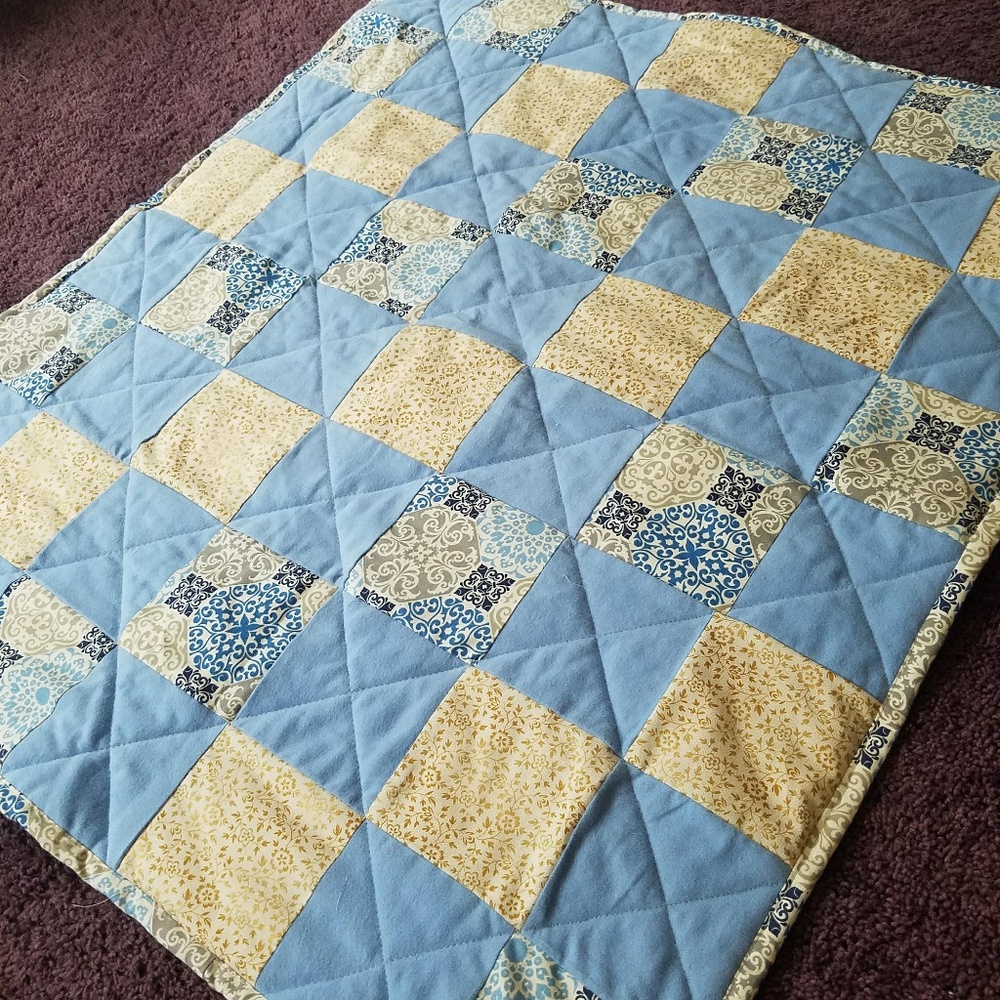 Handmade Blue and Gold Baby Quilt